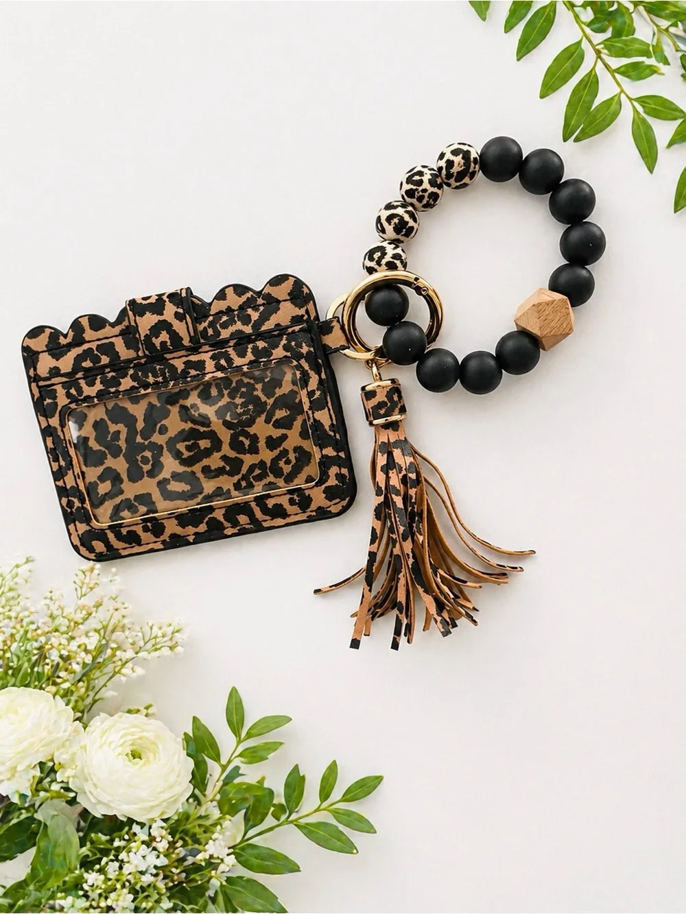 Leopard Print Card Holder Keychain with Tassel Bracelet - Brown/Black
